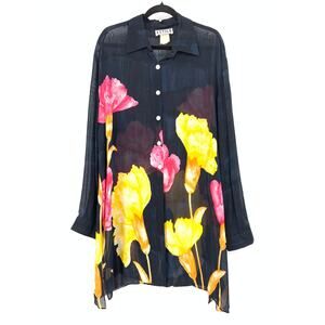 VTG Estilo Art To Wear Silk Tunic Top Womens L/XL Black Floral Print Semi Sheer
